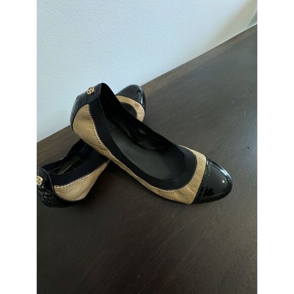 Tory Burch Bridgette Honeywheat Black Leather Quilted Cap Toe Ballet Flats 8.5 M - Picture 1 of 5